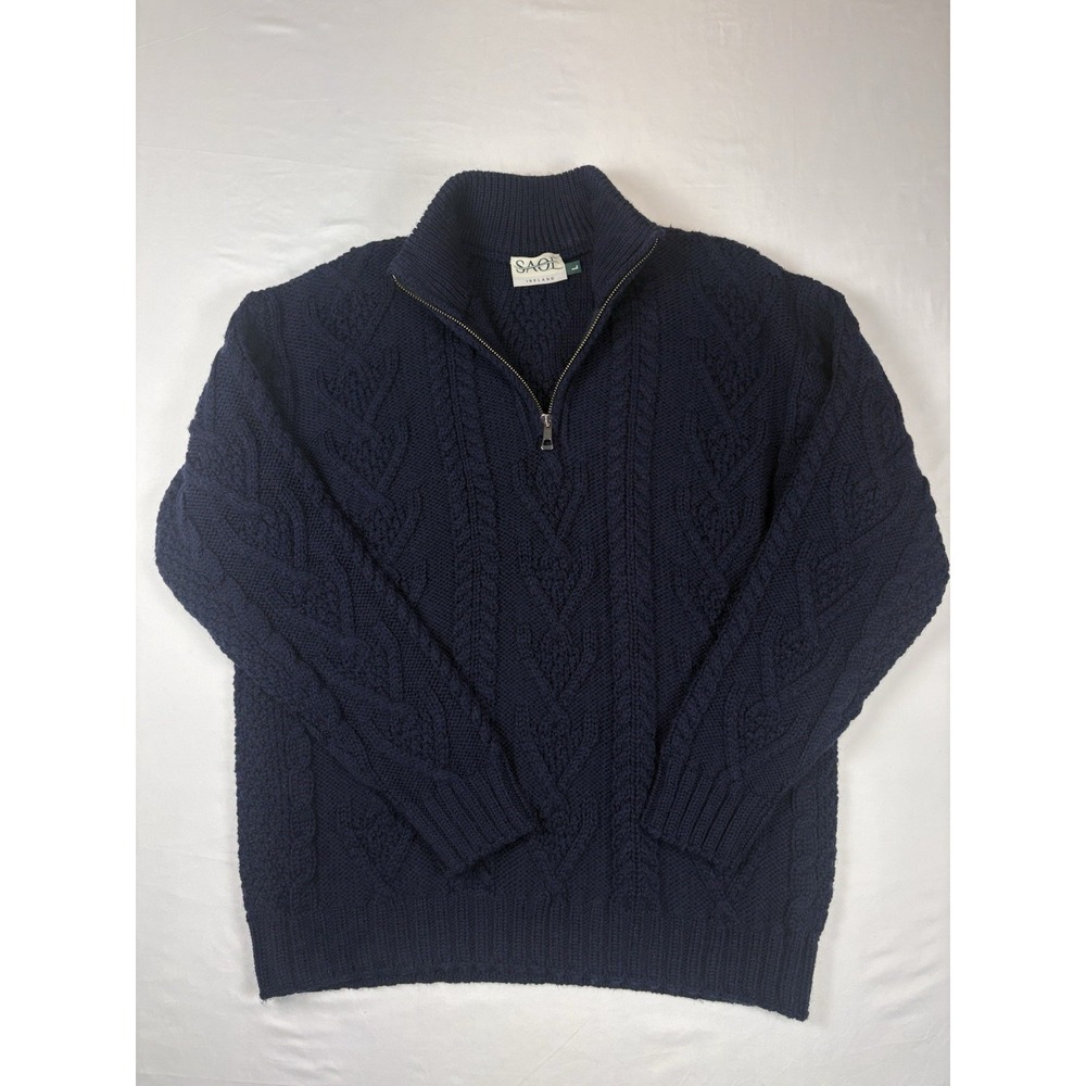 Vintage Saol Mens Ireland Sweater Fisherman  L 100% Merino Wool Cable Knit Navy